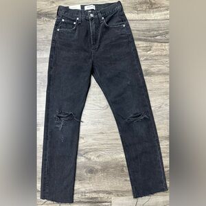 AGOLDE Cherie High Rise Straight Jeans Black Distressed Raw Hem Size 23 NWT